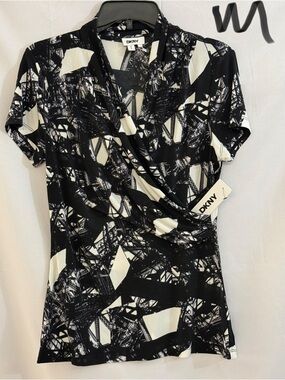 DKNY Black and White Abstract Wrap-Style Women's Top